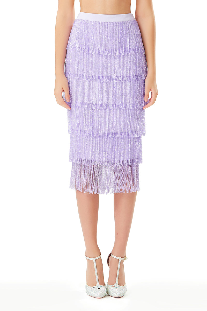 Tiered Crystal Fringe High Waisted Skirt in Lilac