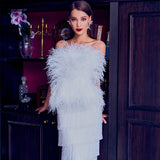Tiered Crystal Fringe High Waisted Skirt in White
