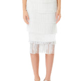Tiered Crystal Fringe High Waisted Skirt in White
