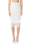 Tiered Crystal Fringe High Waisted Skirt in White