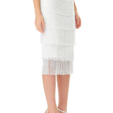 Tiered Crystal Fringe High Waisted Skirt in White