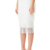 Tiered Crystal Fringe High Waisted Skirt in White