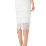 Tiered Crystal Fringe High Waisted Skirt in White
