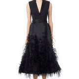 Ostrich Feather Embellished Silk Gazar Skirt in Black