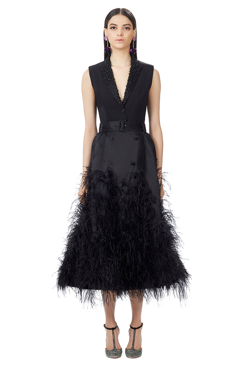 Ostrich Feather Embellished Silk Gazar Skirt in Black
