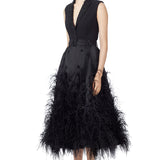 Ostrich Feather Embellished Silk Gazar Skirt in Black