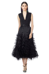 Ostrich Feather Embellished Silk Gazar Skirt in Black