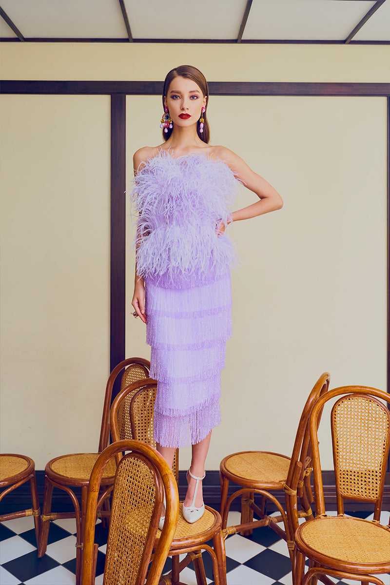 Ostrich Feather Embellished Strapless Peplum Top in Lilac