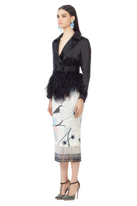 Ostrich Feathers Embellished Silk Gazar Coat in Black