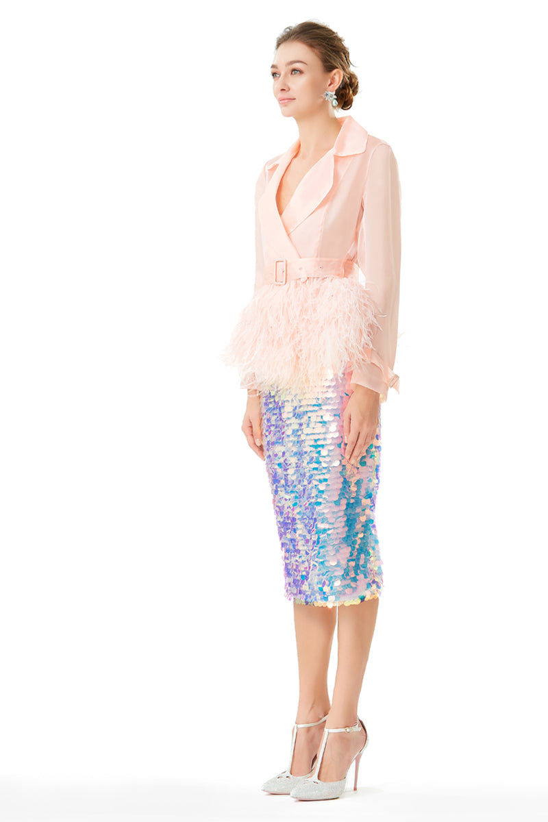 Ostrich Feathers Embellished Silk Gazar Coat in Pink