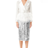 Ostrich Feathers Embellished Silk Gazar Coat in White