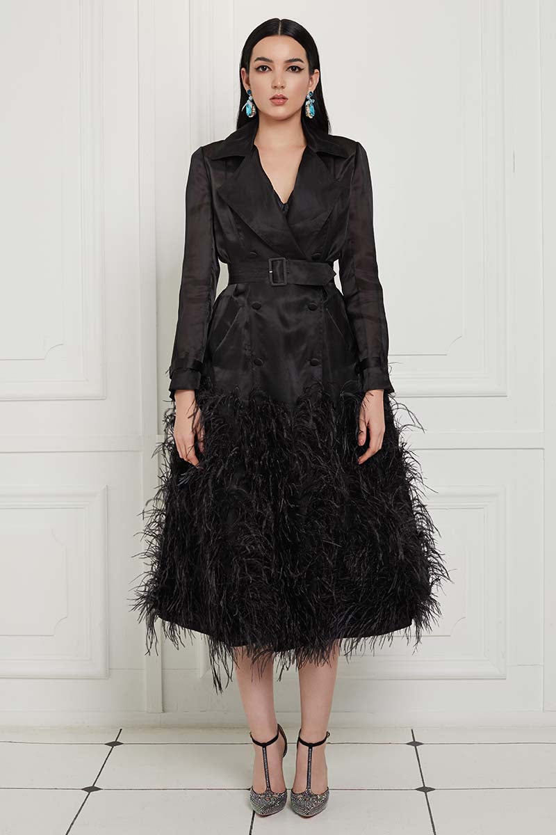 Silk Gazar Ostrich Feathers Embellished Trench Coat in Black