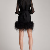 Ostrich Feathers Embellished Silk Gazar Mini Trench Dress in Black