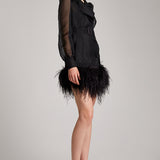 Ostrich Feathers Embellished Silk Gazar Mini Trench Dress in Black