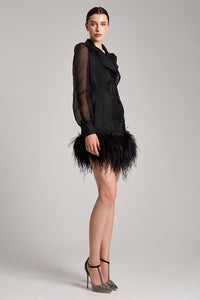 Ostrich Feathers Embellished Silk Gazar Mini Trench Dress in Black