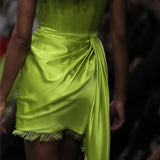 Strapless Side Ruched Silk Satin Mini Dress with Crystal Fringe in Limelight Green