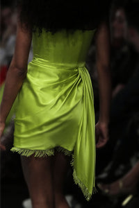 Strapless Side Ruched Silk Satin Mini Dress with Crystal Fringe in Limelight Green