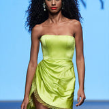 Strapless Side Ruched Silk Satin Mini Dress with Crystal Fringe in Limelight Green
