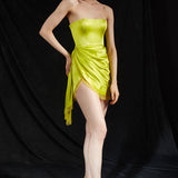 Strapless Side Ruched Silk Satin Mini Dress with Crystal Fringe in Limelight Green