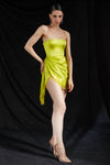 Strapless Side Ruched Silk Satin Mini Dress with Crystal Fringe in Limelight Green