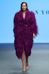 Ostrich Feather Embellished Dress Coat in Purple with Logo Belt