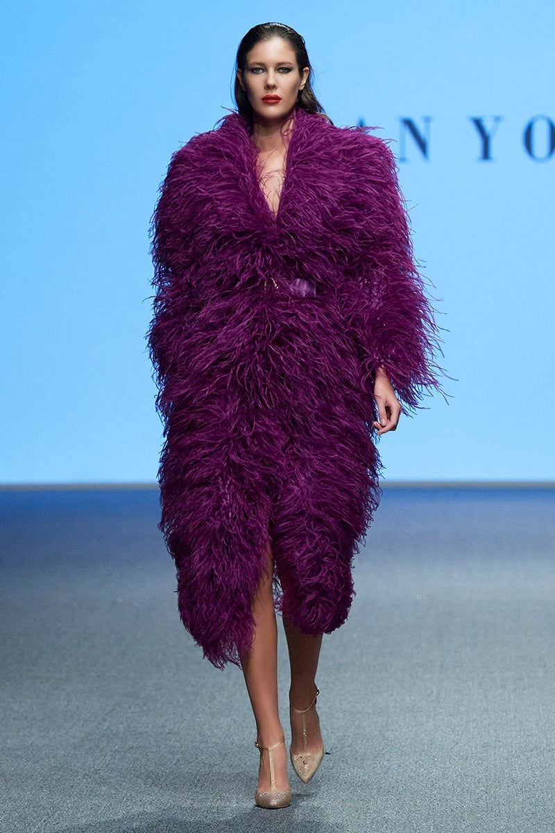 Ostrich Feather Embellished Dress Coat in Purple with Logo Belt