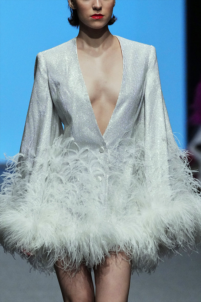 Rhinestones Embellished Coat Dress with Ostrich Feather Embellishment in White