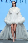 Heavy Silk Crepe Cape Effect Ostrich Feather Trimmed Dress in White
