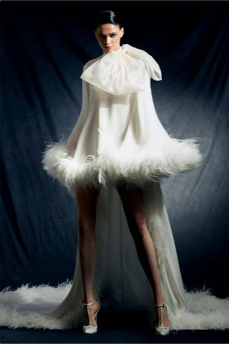 Heavy Silk Crepe Cape Effect Ostrich Feather Trimmed Dress in White