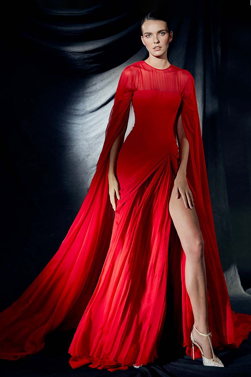 Silk Chiffon Cape Effect Fitted Bustier Soft Pleated Side Slit Dress in Red with Neck Bow