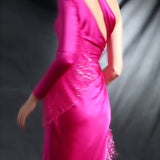 Cutout One-shoulder Asymmetric Silk Satin Dress with Crystal Fringe in Magenta