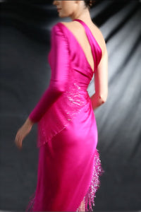 Cutout One-shoulder Asymmetric Silk Satin Dress with Crystal Fringe in Magenta