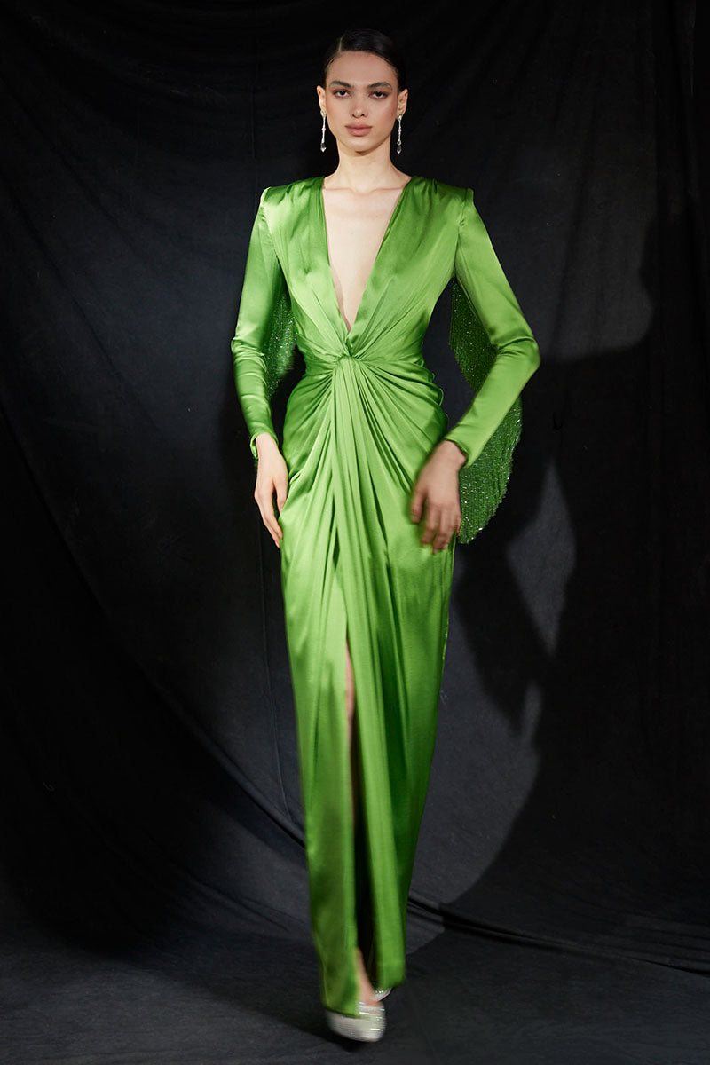 Crystal Fringe Embellished Sleeves Plunging Neckline Silk Satin Dress in Lime Green