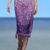 Embroidered Mesh Midi Skirt with Crystal Fringe in Gradient Amethyst Purple
