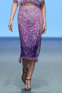 Embroidered Mesh Midi Skirt with Crystal Fringe in Gradient Amethyst Purple