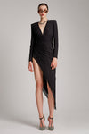 Black Crystal Fringe V-neck Asymmetric Long Sleeve Dress