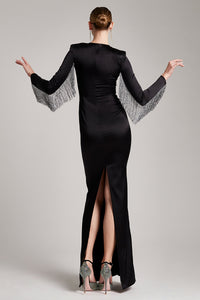 Black Crystal Fringe Embellished Sleeves Maxi Dress with Back Slit