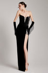 Crystal-Beaded Black Velvet Strapless Corset Dress with Front Slit