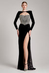 Crystal-Beaded Black Velvet Long Sleeve Dress