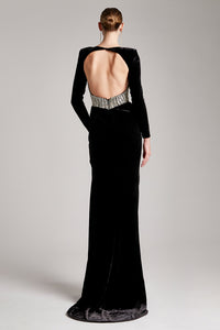 Crystal-Beaded Black Velvet Long Sleeve Dress