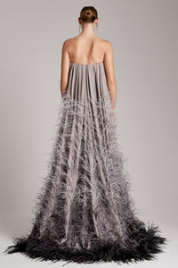 Grey Sequin-Embroidered Strapless Dress with Long Train