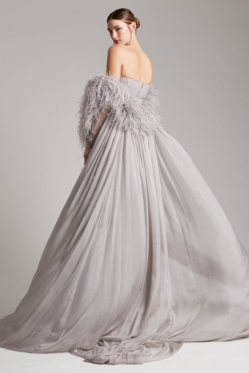 Strapless A-line Dress Layered Tulle Skirt with Royal Cape in Grey