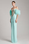 Ostrich Feather Trimmed Off Shoulder with Sequin in Mint Green