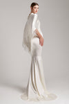 Silk Satin Strapless Trumpet Train Dress with Crystal Fringe Trimmed Cape in White