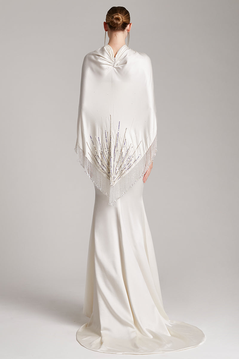 Silk Satin Strapless Trumpet Train Dress with Crystal Fringe Trimmed Cape in White