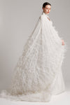 White Pleated Keyhole Neck Mesh Dress with Ostrich Feathers Maxi Cape