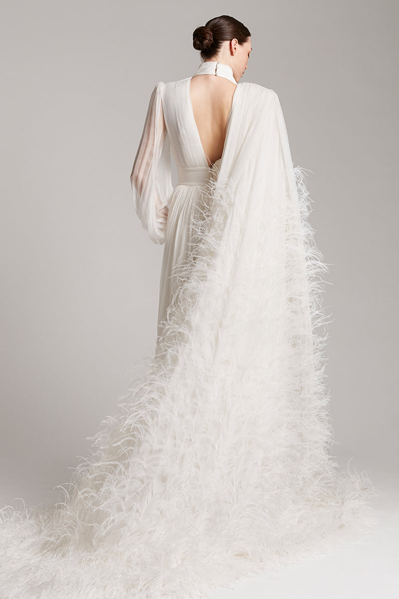 White Pleated Keyhole Neck Mesh Dress with Ostrich Feathers Maxi Cape