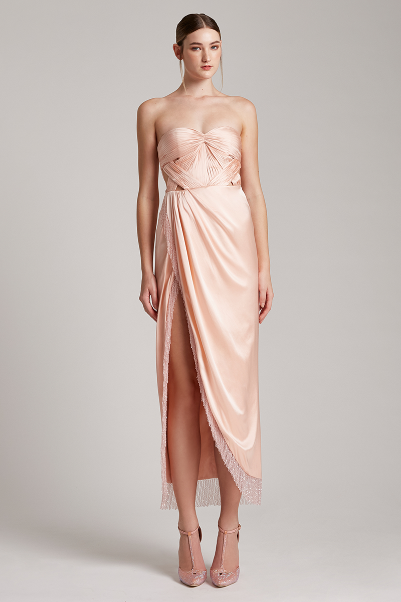 Strapless Silk Satin Side Slit Crystal Fringe Dress With Royal Cape In Blush Pink In Blush Pink