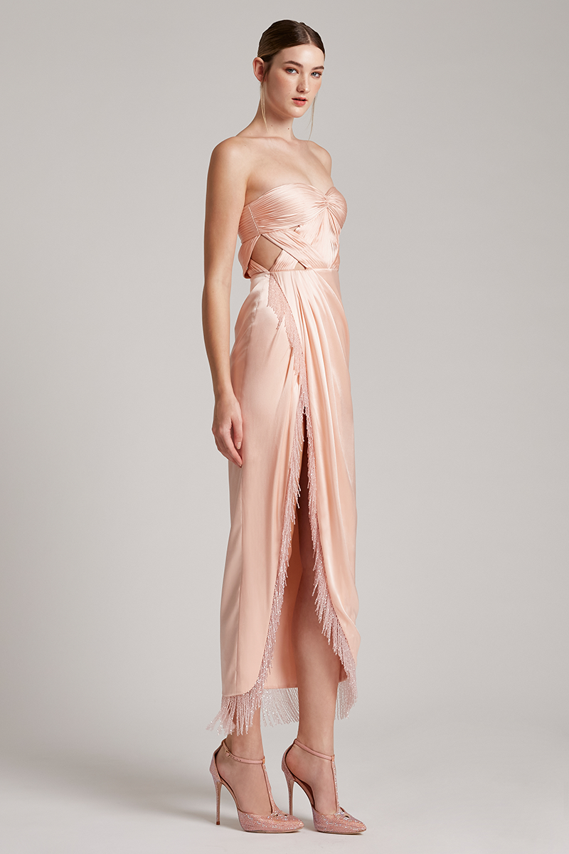 Strapless Silk Satin Side Slit Crystal Fringe Dress With Royal Cape In Blush Pink In Blush Pink