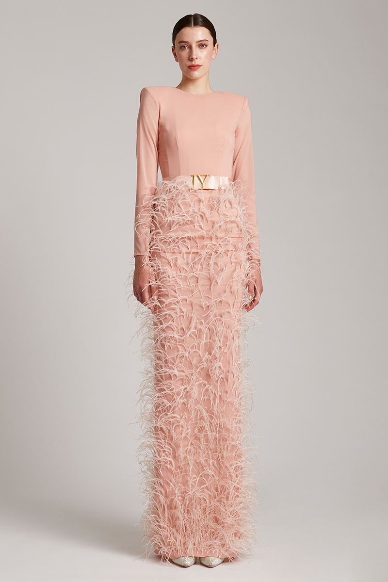 Stretchable Ostrich Feather Embellished Long Sleeve Maxi Dress in Pink